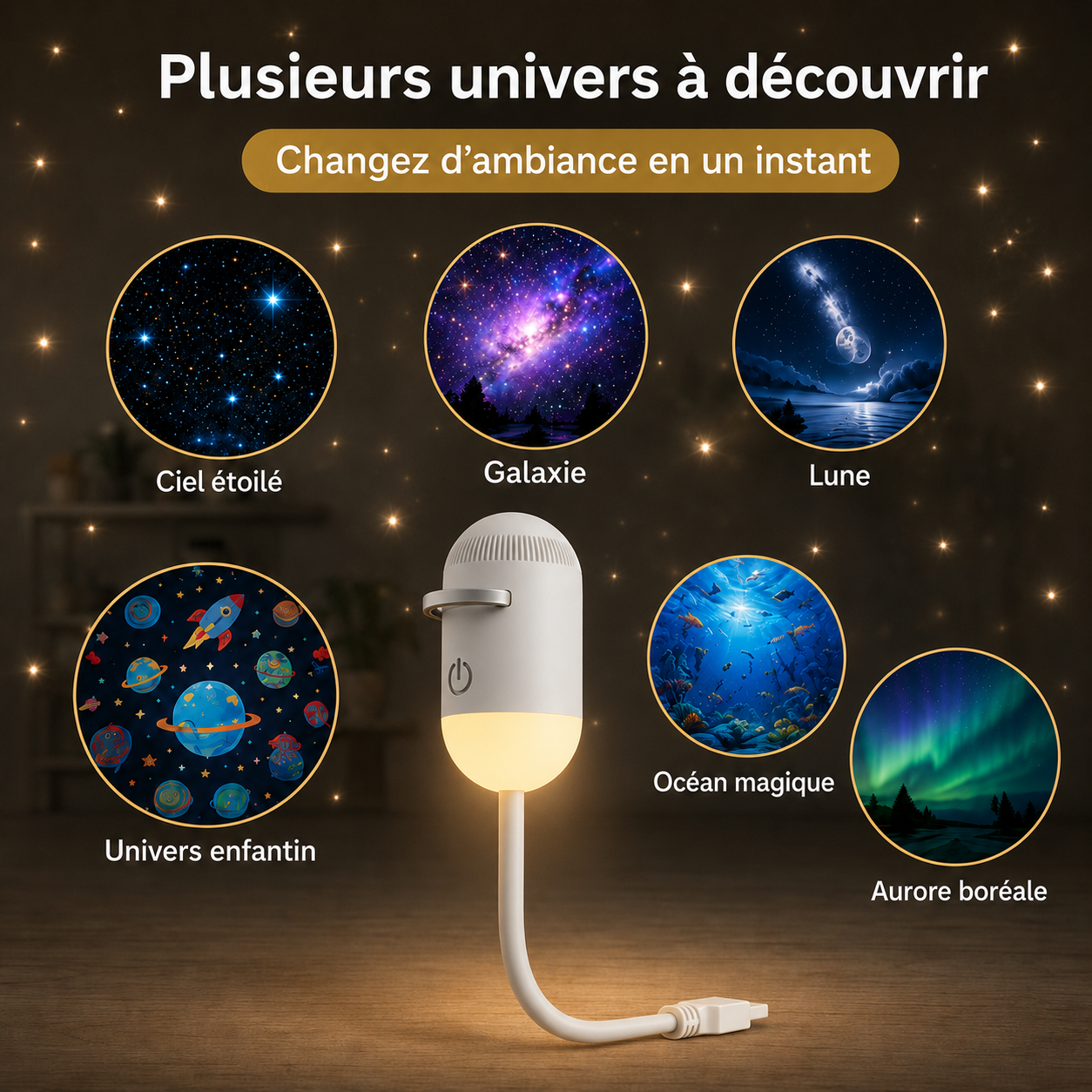 Veilleuse USB 2-en-1 + Projecteur Galaxie avec Diapositives à Changement Rapide