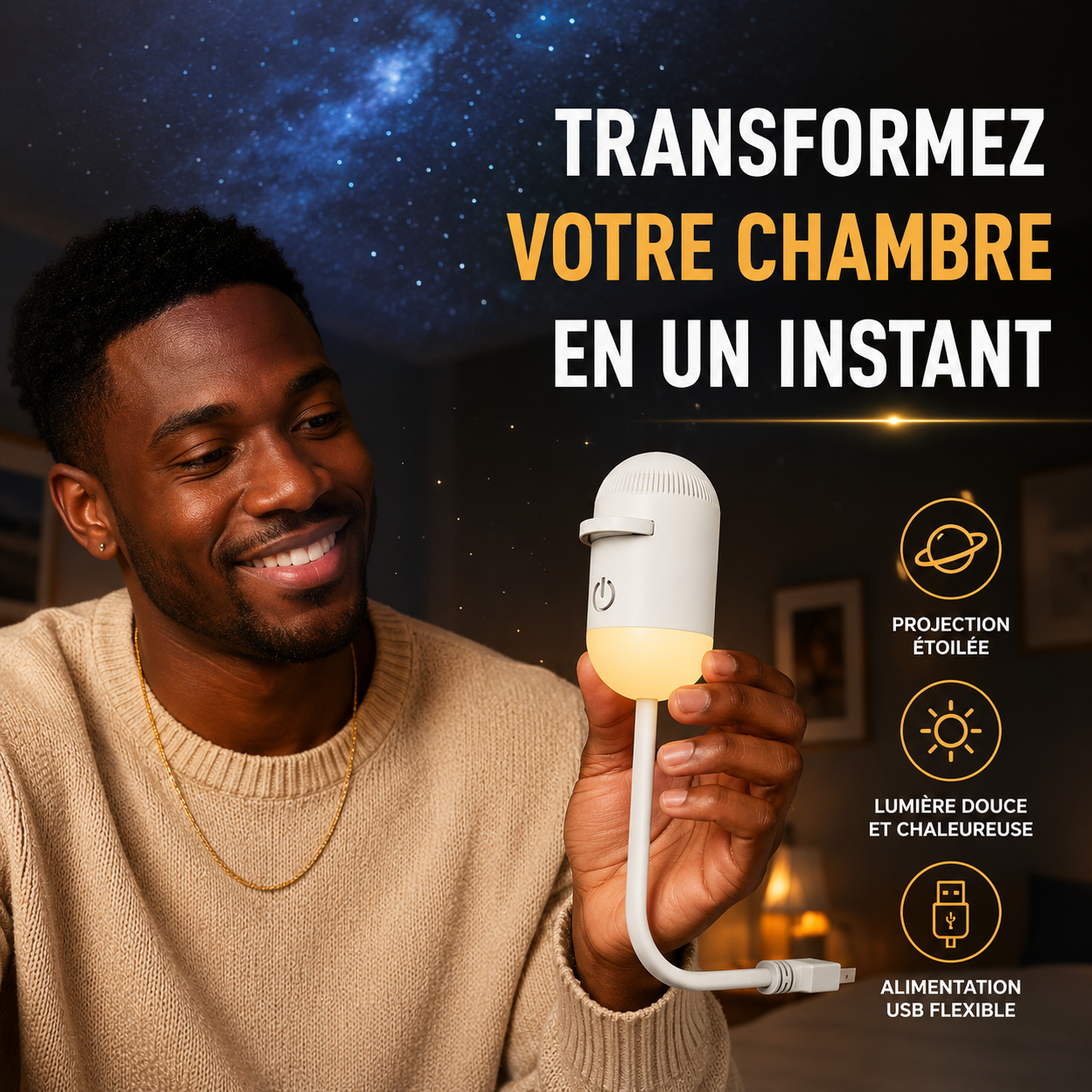 Veilleuse USB 2-en-1 + Projecteur Galaxie avec Diapositives à Changement Rapide