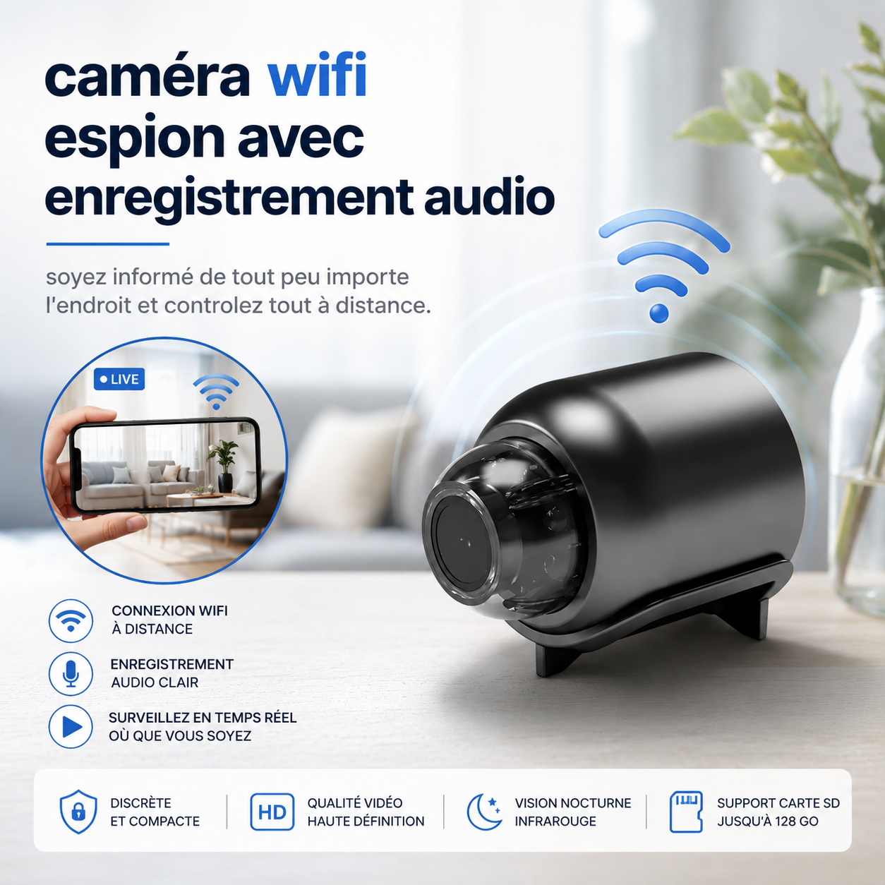 Caméra Wifi Espion avec Enregistrement Audio