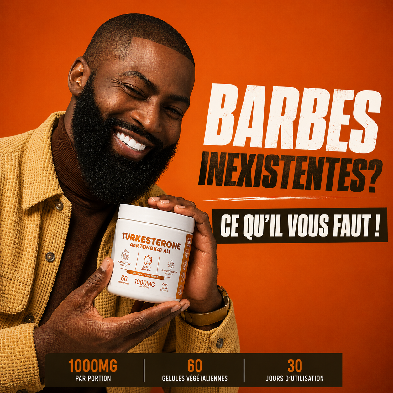 Complément de Turkesterone et Tongkat Ali - Pour Un Meilleur Equilibre Hormonal et Une Croissance de Barbe et Cheveux